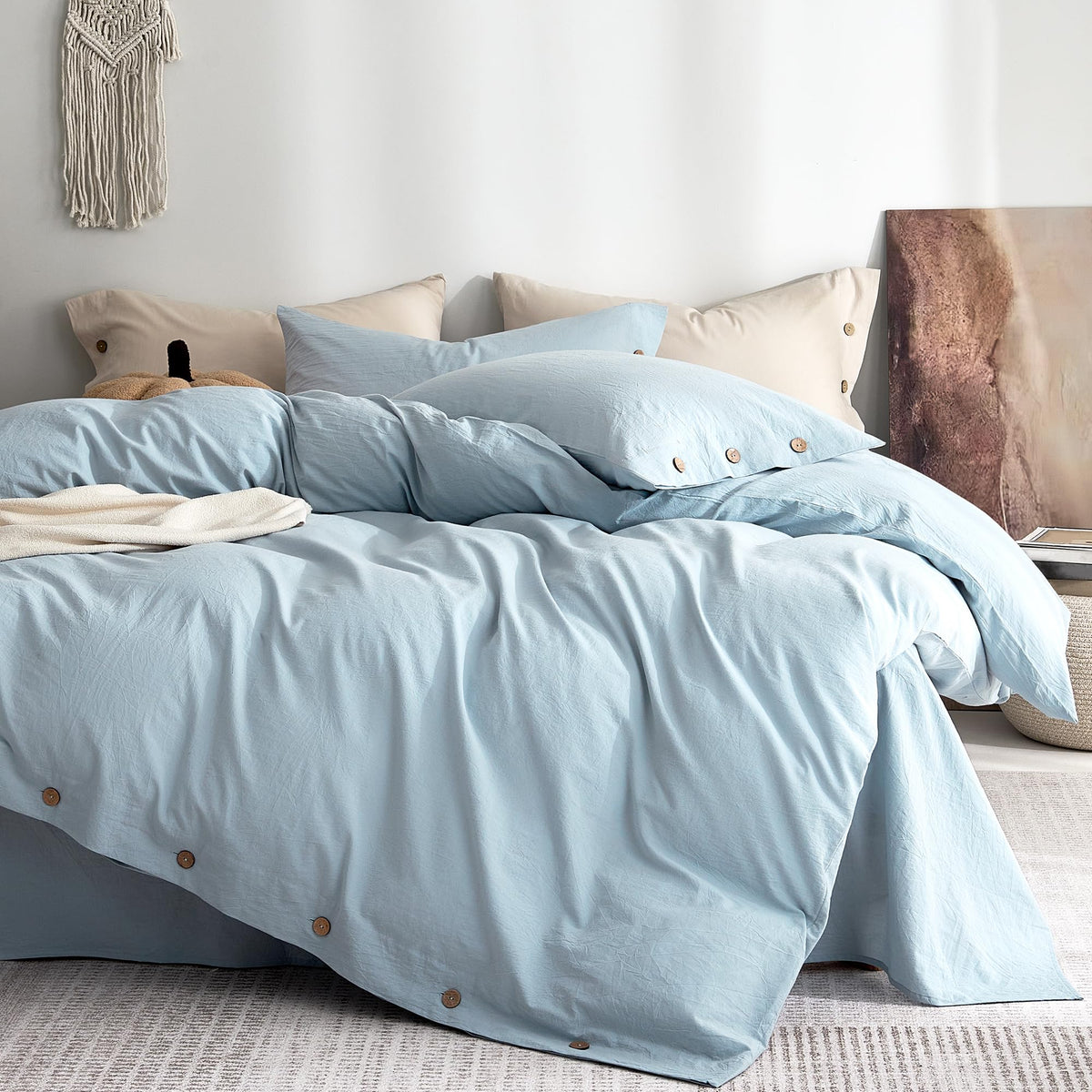 JELLYMONI 100% Washed Cotton Striped Duvet Cover Set King, Linen-Like