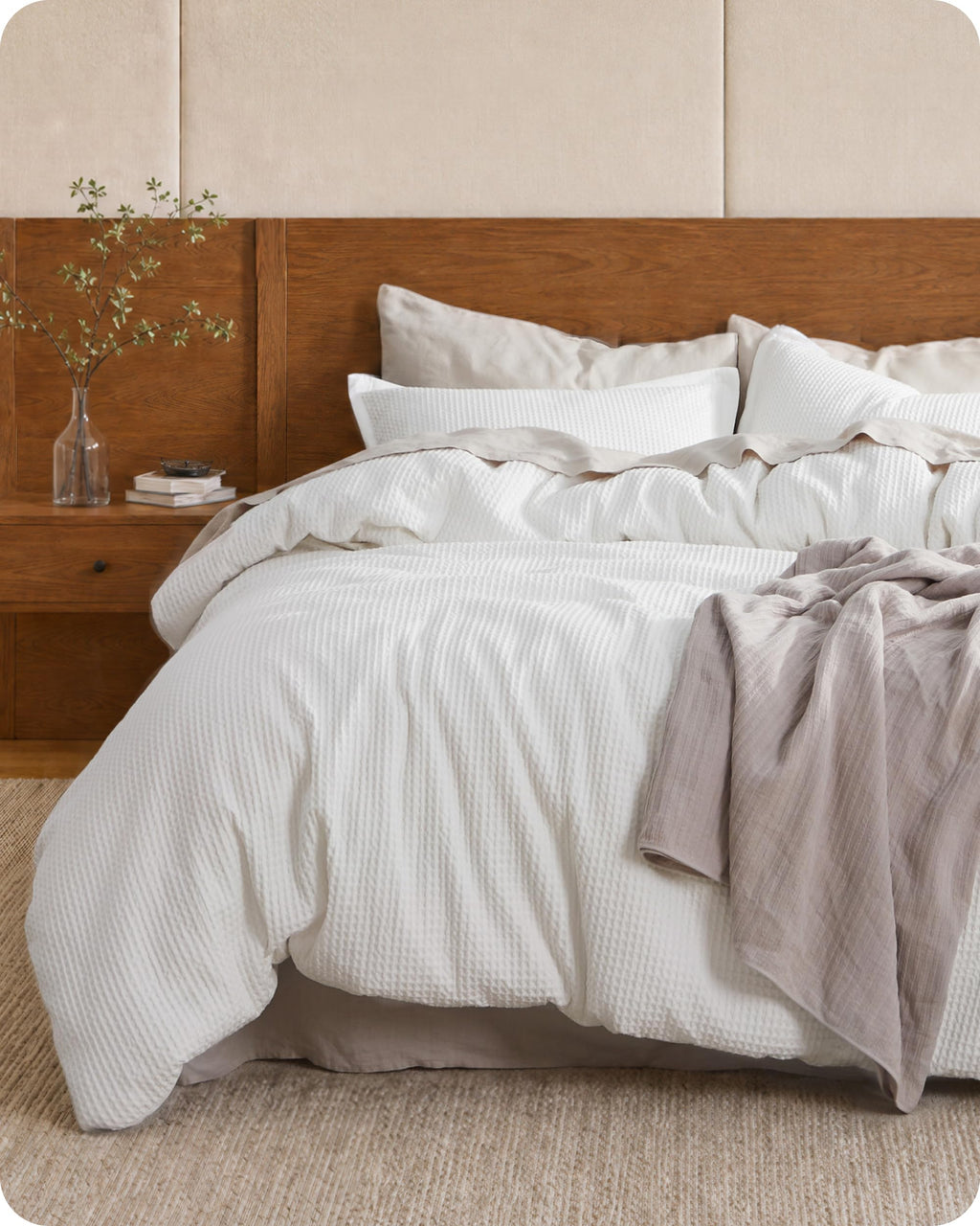 Bedsure PureWoven 3 Pieces 100% Cotton Waffle Duvet Cover Set, King, Linen