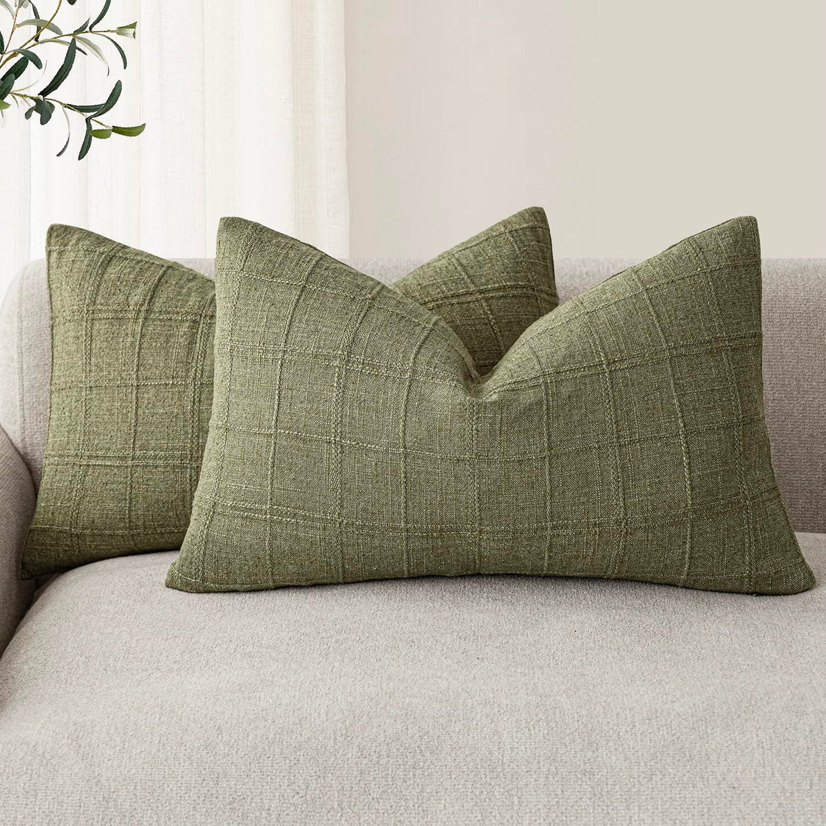 Foindtower Boho Linen Check Decorative Throw Pillow Cover 18×18 Olive Green