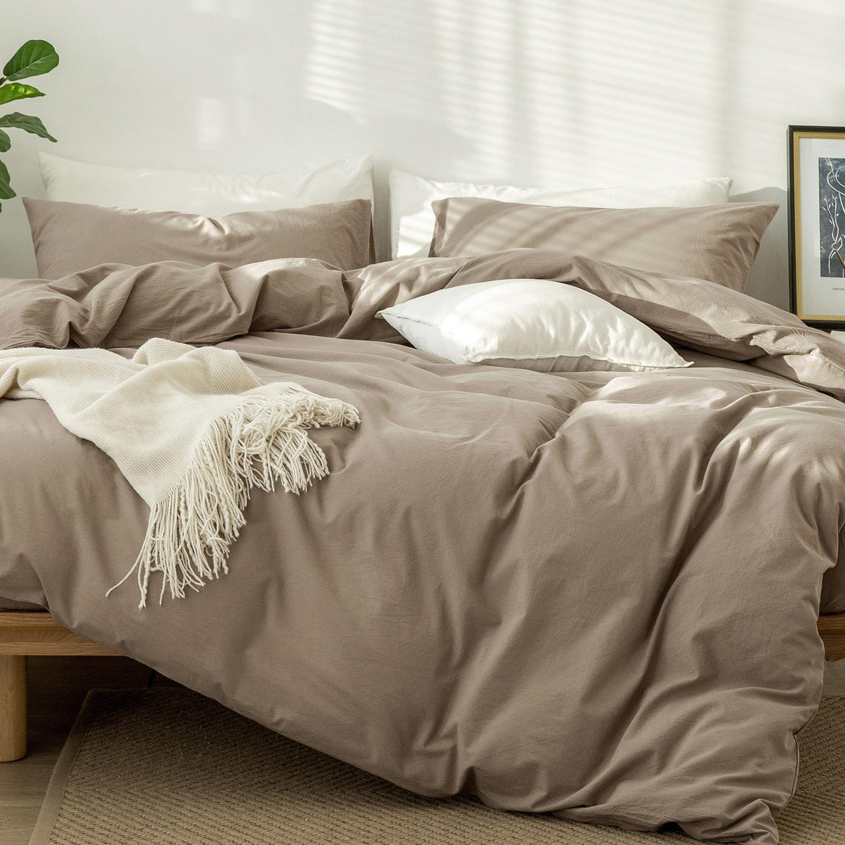 MooMee Duvet Cover Set 100% Washed Cotton Linen Like Queen