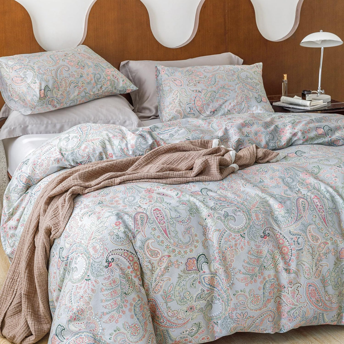 SUSYBAO Blue Paisley Duvet Cover King 100% Cotton Vintage Floral Duvet Cover 3 Pcs Set 1 Boho Brown Flower Duvet Cover with Zipper Ties 2 Pillowcases Luxury Retro Bohemian Bedding Set Soft Comfy