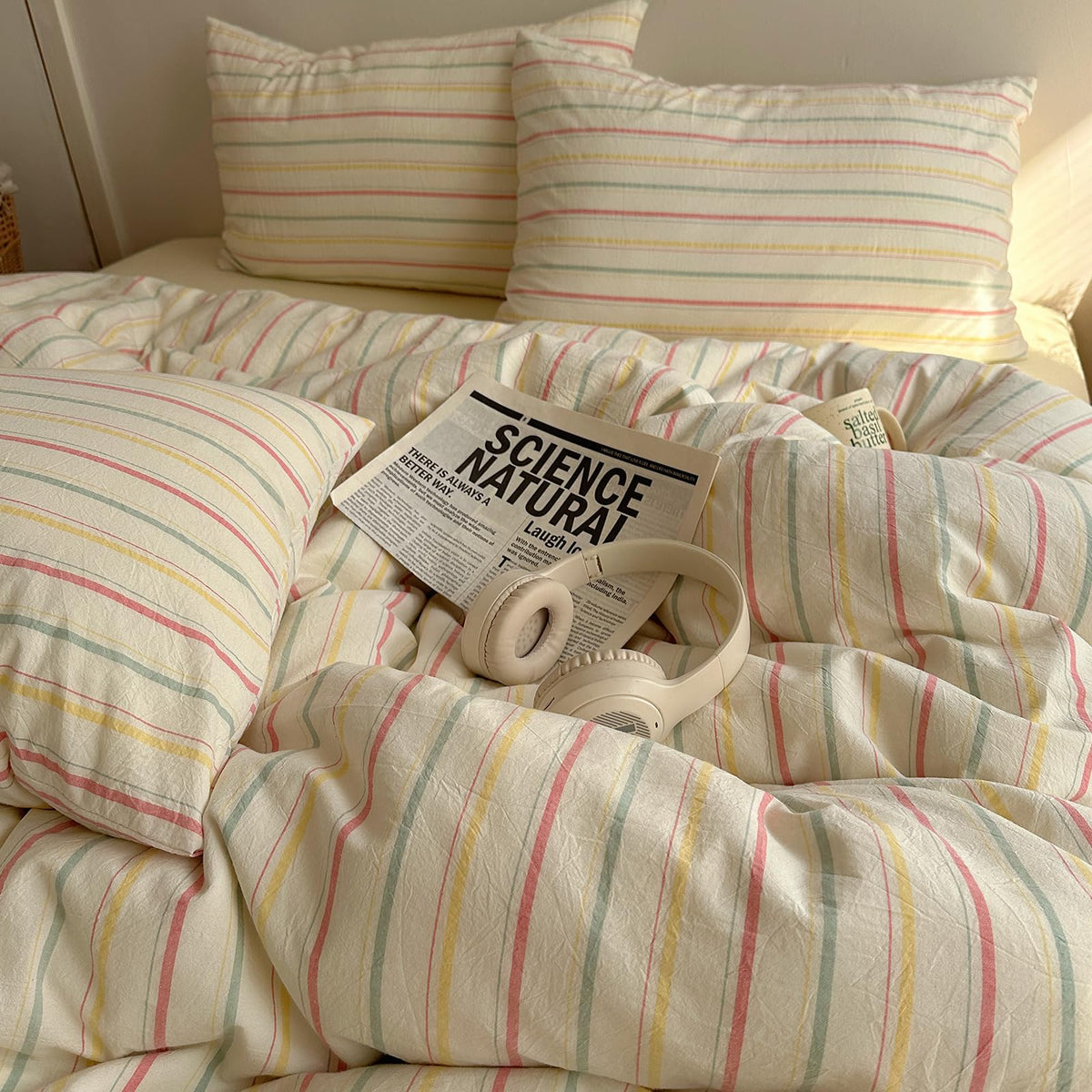 EAVD Retro Striped Duvet Cover Queen Soft 100% Washed Cotton Green Purple