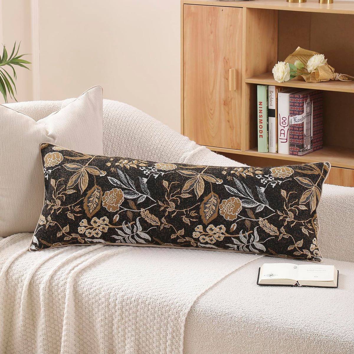Green Floral Textured Throw Pillow Cover 18x18 Fall Vintage Rust Pillow Cover Farmhouse Summer Leaf Cushion Cover Chenille Neutral Flower Pillowcase Home Decor for Sofa Living Room Bedding