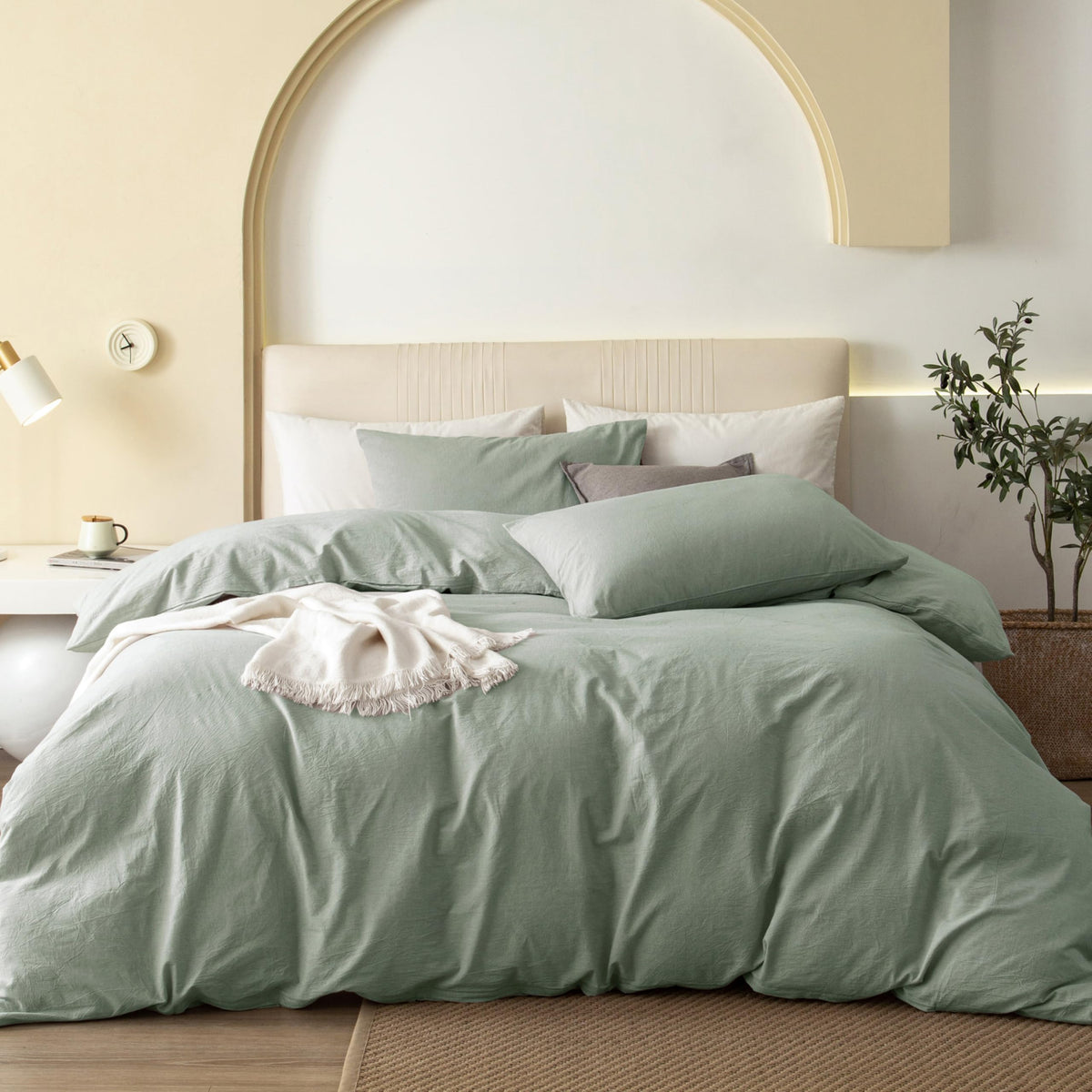 JIYUAN Queen Washed Cotton Duvet Cover Set, 3-Piece, Relaxed Linen Feel