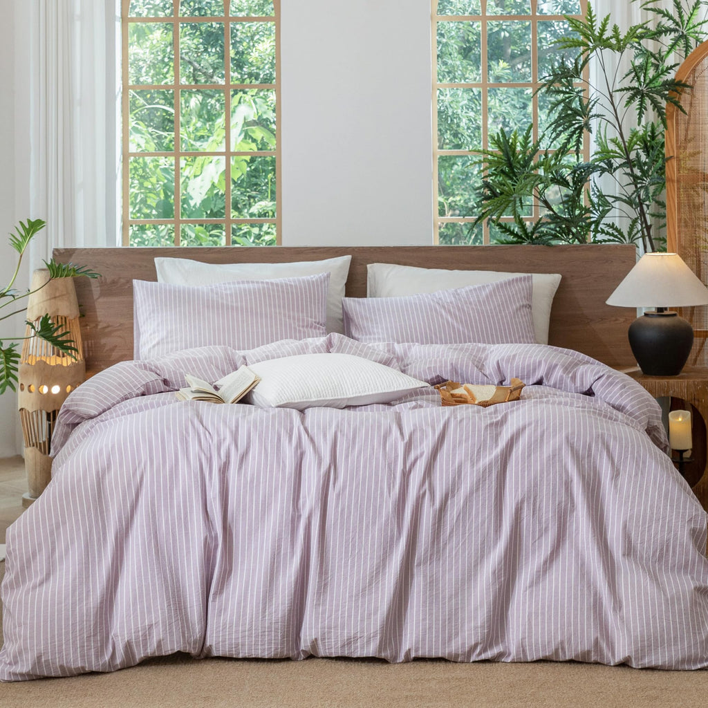 MooMee Striped Duvet Cover Set 100% Washed Cotton Linen Like Queen