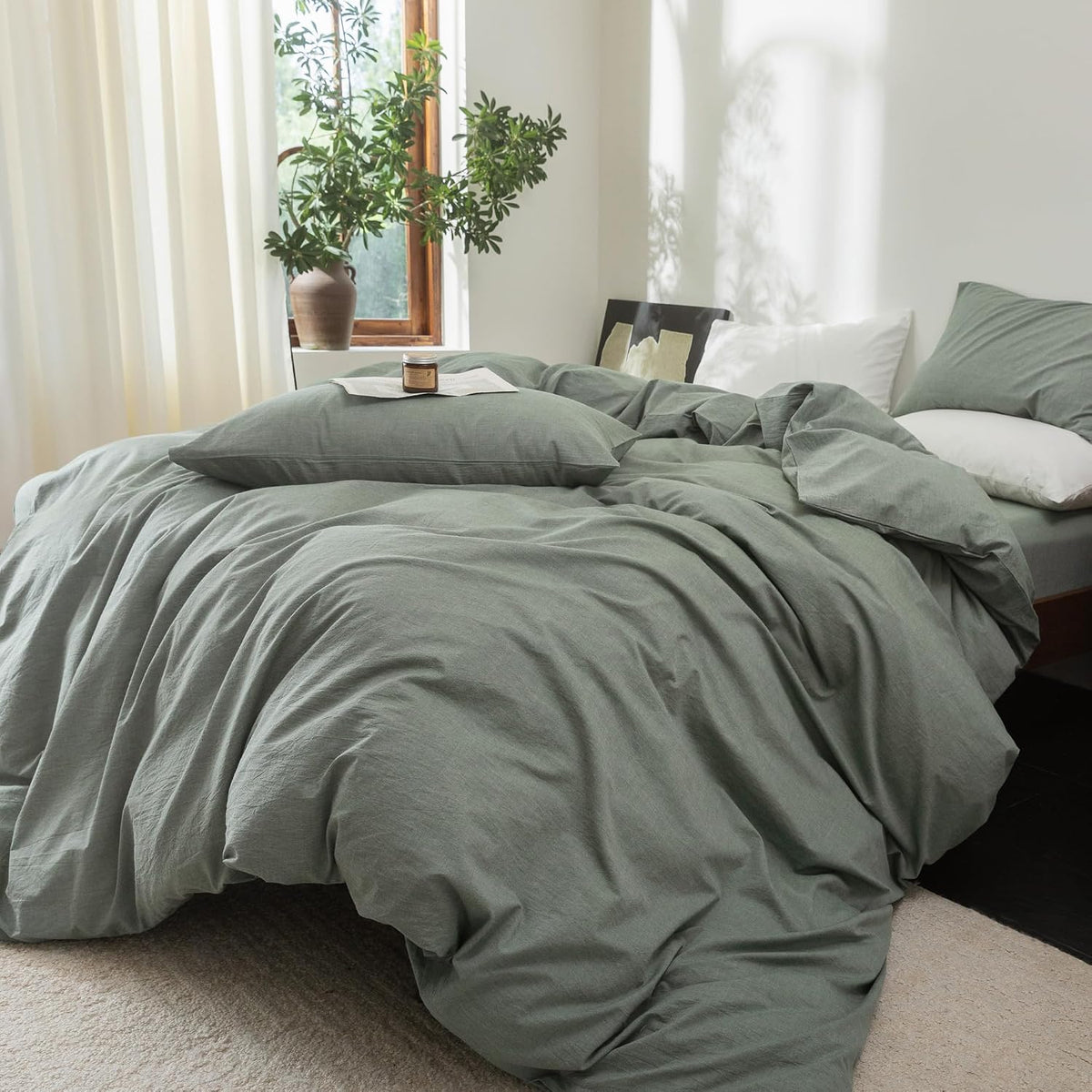 FOSSA Duvet Cover Set 100% Washed Cotton Linen Feel Queen