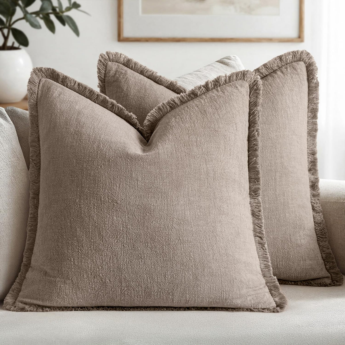 MIULEE Boho Linen Fringe Decorative Throw Pillow Covers Olive Green 20x20