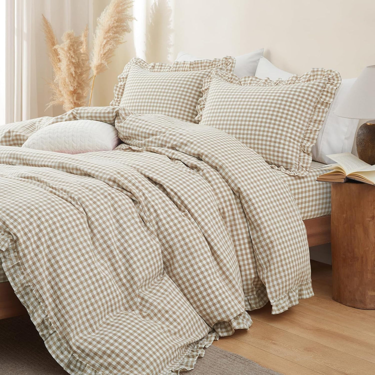 Taupe Gingham Ruffle Duvet Cover King Size 3 Piece