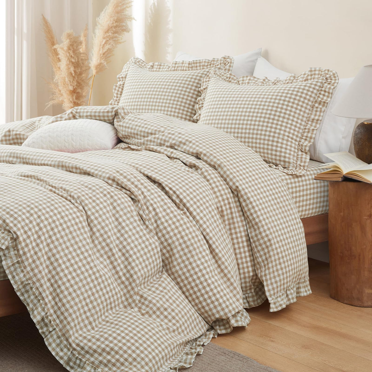 Taupe Gingham Ruffle Duvet Cover King Size 3 Piece