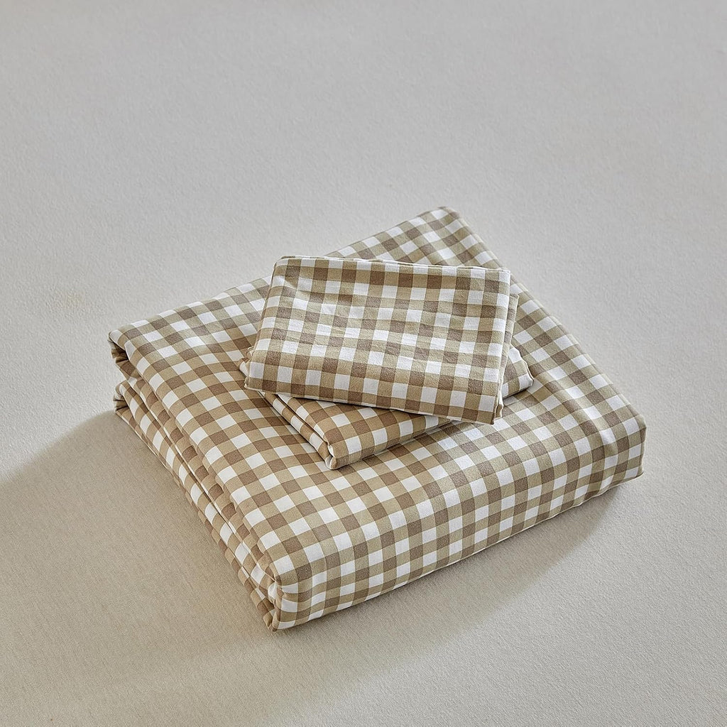 DuShow Grid King Duvet Cover Set - Tan Gingham Washed Microfiber Comforter Cover Set, 3 Pieces Plaid Checkered Soft Reversible Bedding Set(Tan,King)
