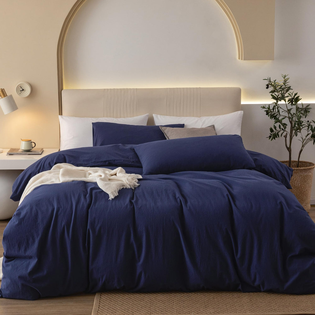JIYUAN Queen Washed Cotton Duvet Cover Set, 3-Piece, Relaxed Linen Feel