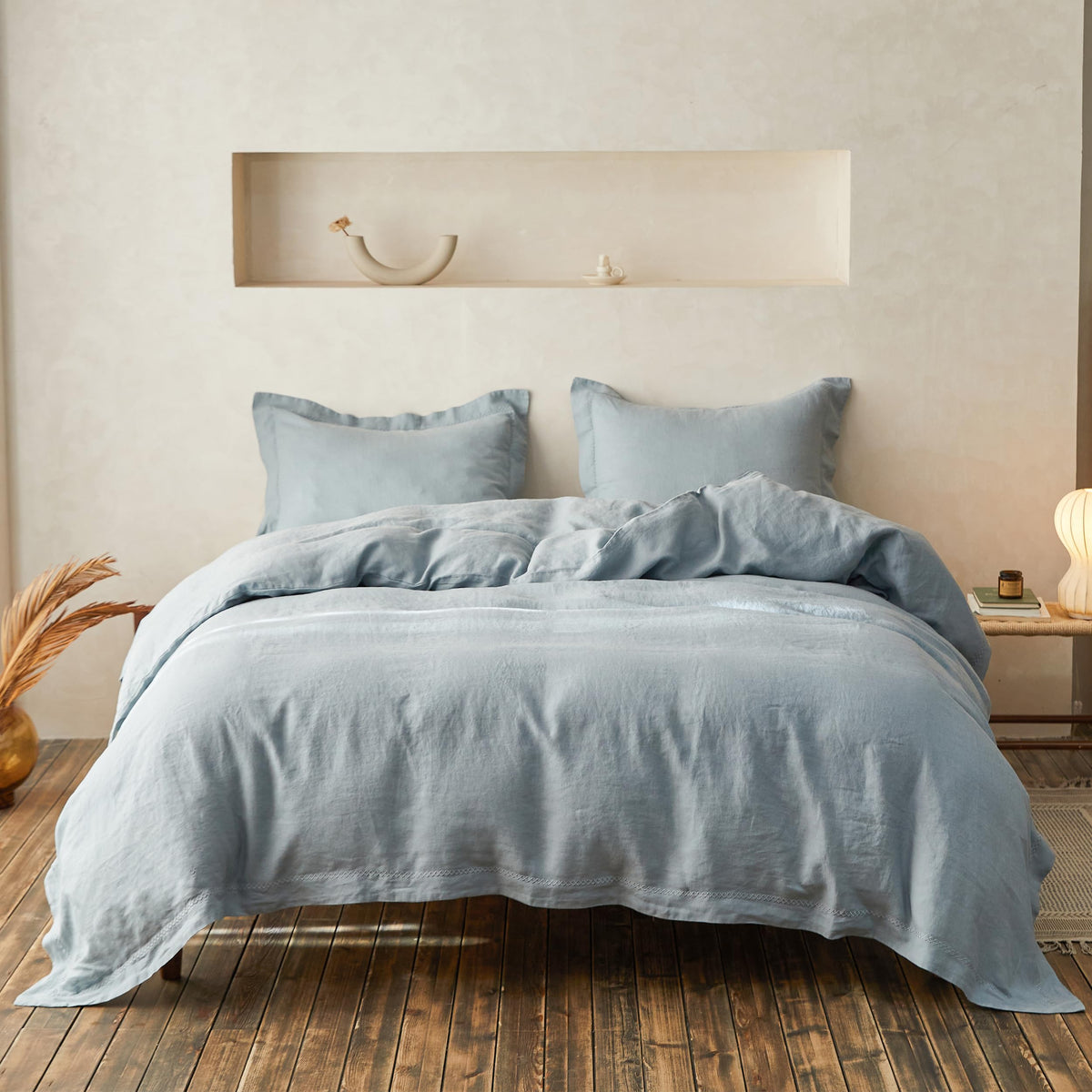 Simple&Opulence 100% French Flax Linen Duvet Cover Set with Embroidery Washed - 3 Pieces (1 Duvet Cover with 2 Pillow Shams) with Button Closure Soft Breathable Farmhouse - Linen, King Size
