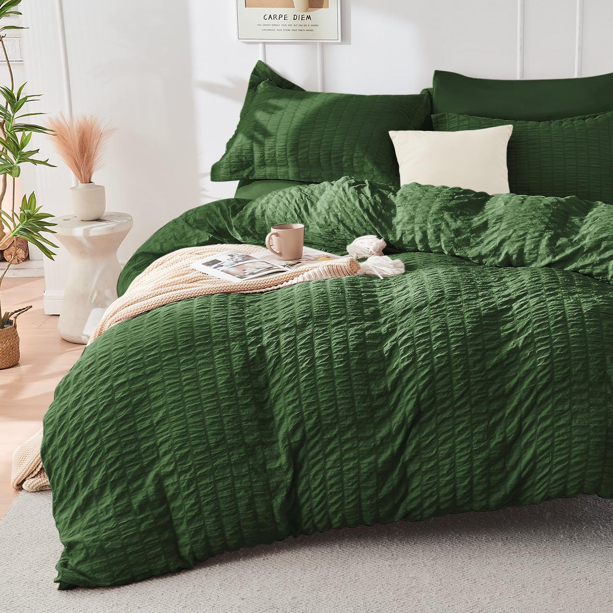 HYMOKEGE Beige Duvet Cover Queen Size, Ultra Soft 3-Piece Seersucker Duvet Cover Set with Zipper Closure, Soft Brushed Microfiber Bedding Set with 8 Corner Ties (90"x90", 2 Pillowshams)