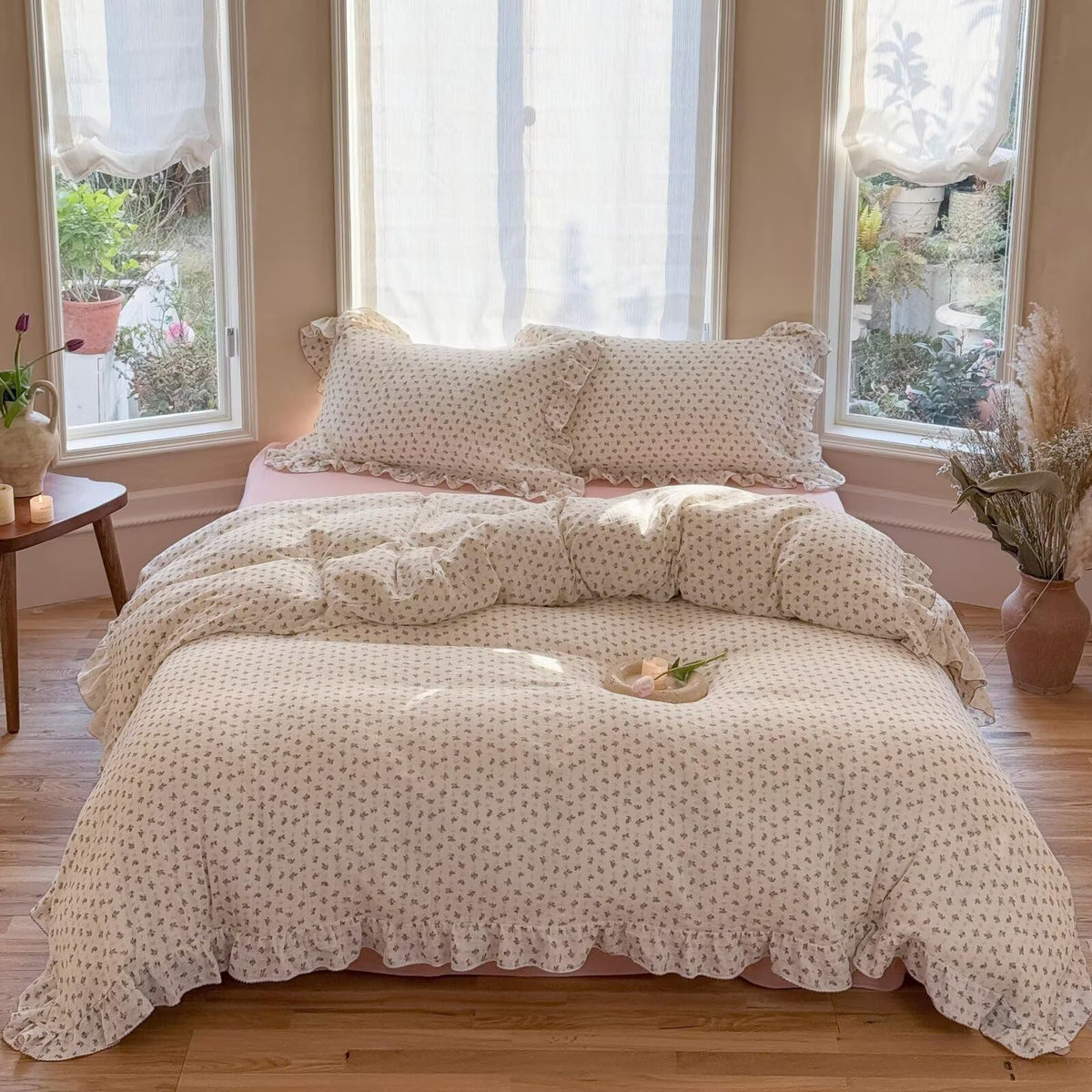 BuLuTu 100% Cotton Muslin Duvet Cover Twin for Kids Girls Boys, Shabby Chic Azalea Floral Duvet Covers Vintage Farmhouse Comforter/Quilt Cover with Ruffles, 68"x86", Zipper Closure, No Pillow