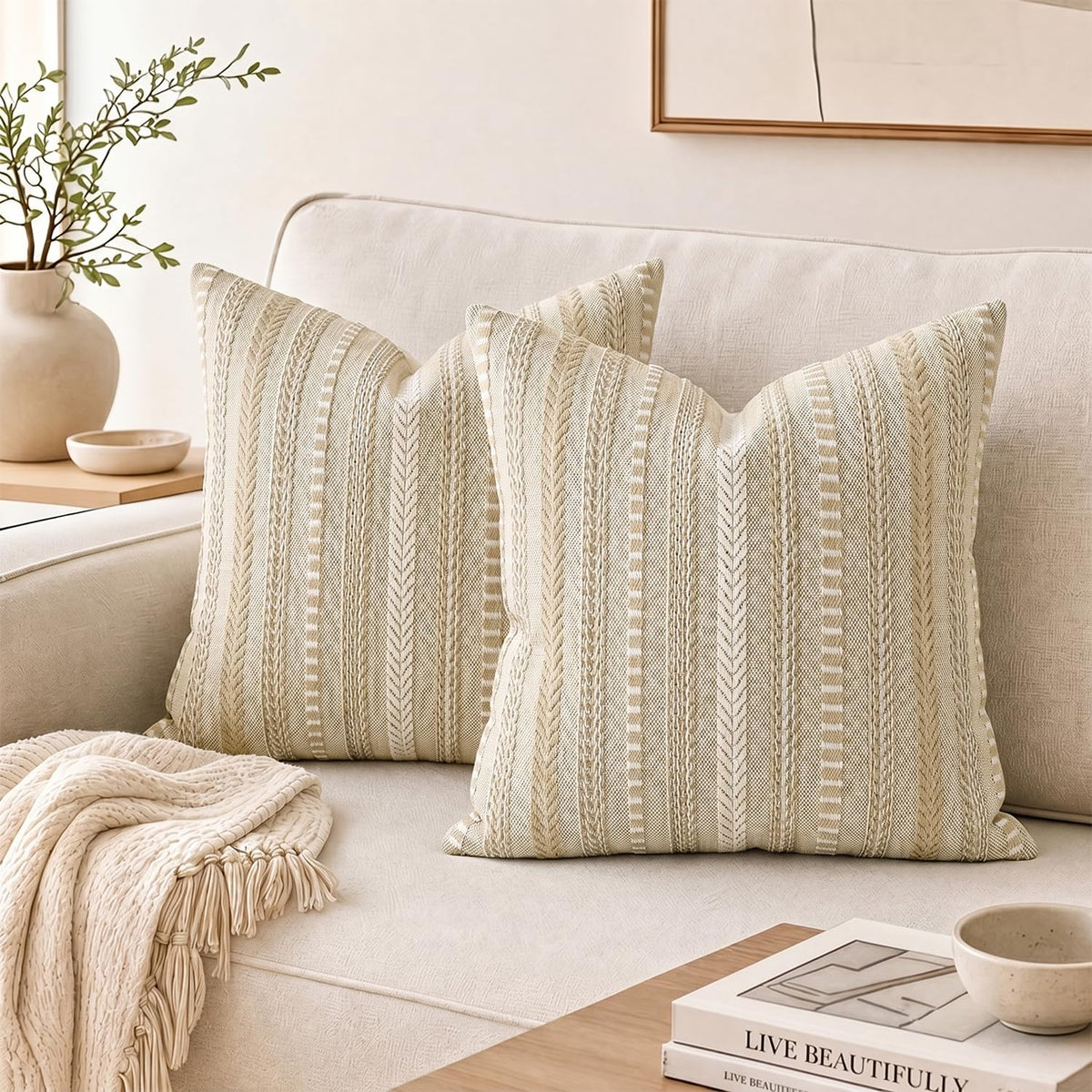 AVOIN colorlife Pink Boho Decorative Throw Pillow Covers Set of 2, 18 x 18 Inch Woven Stripe Textured Rustic Cushion Case Home Decor for Living Room Couch Sofa
