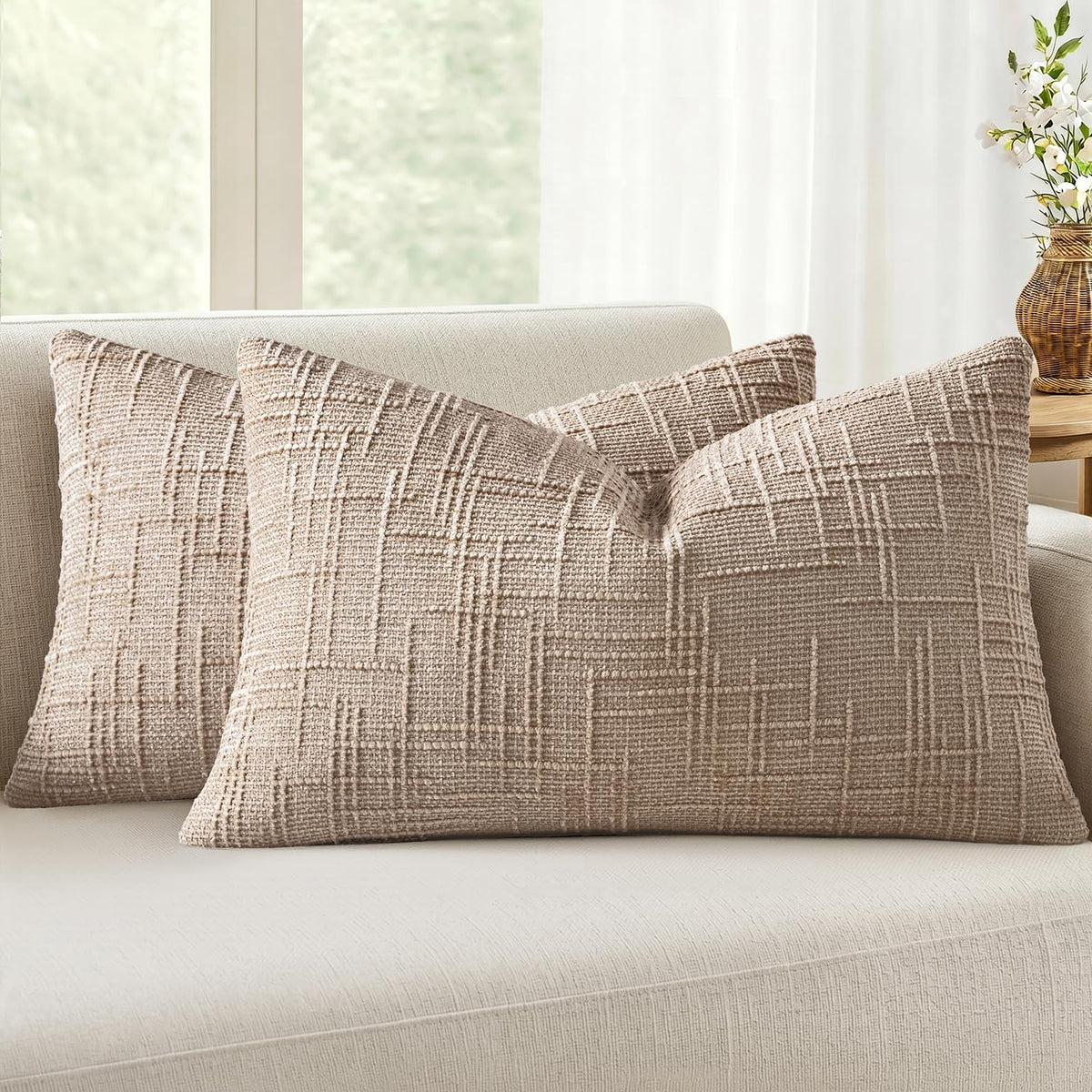 MIULEE Chenille Textured Throw Pillow Covers Cream White 20x20 Set of 2