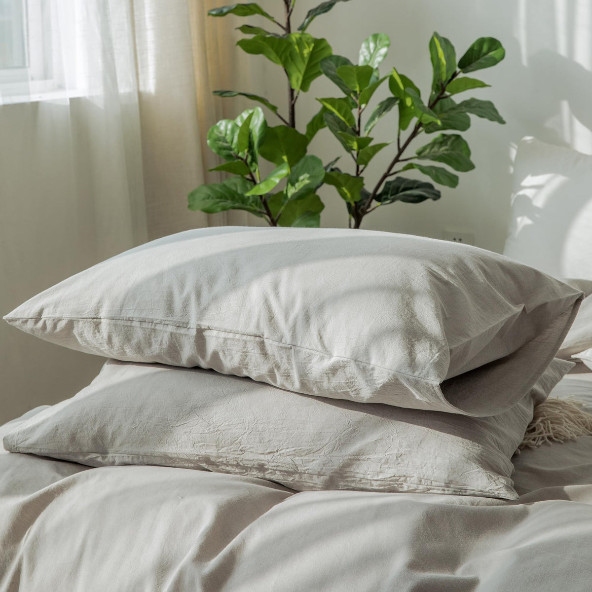 MOOMEE Pillowcase Set of 2 100% Washed Cotton Linen-Like Standard