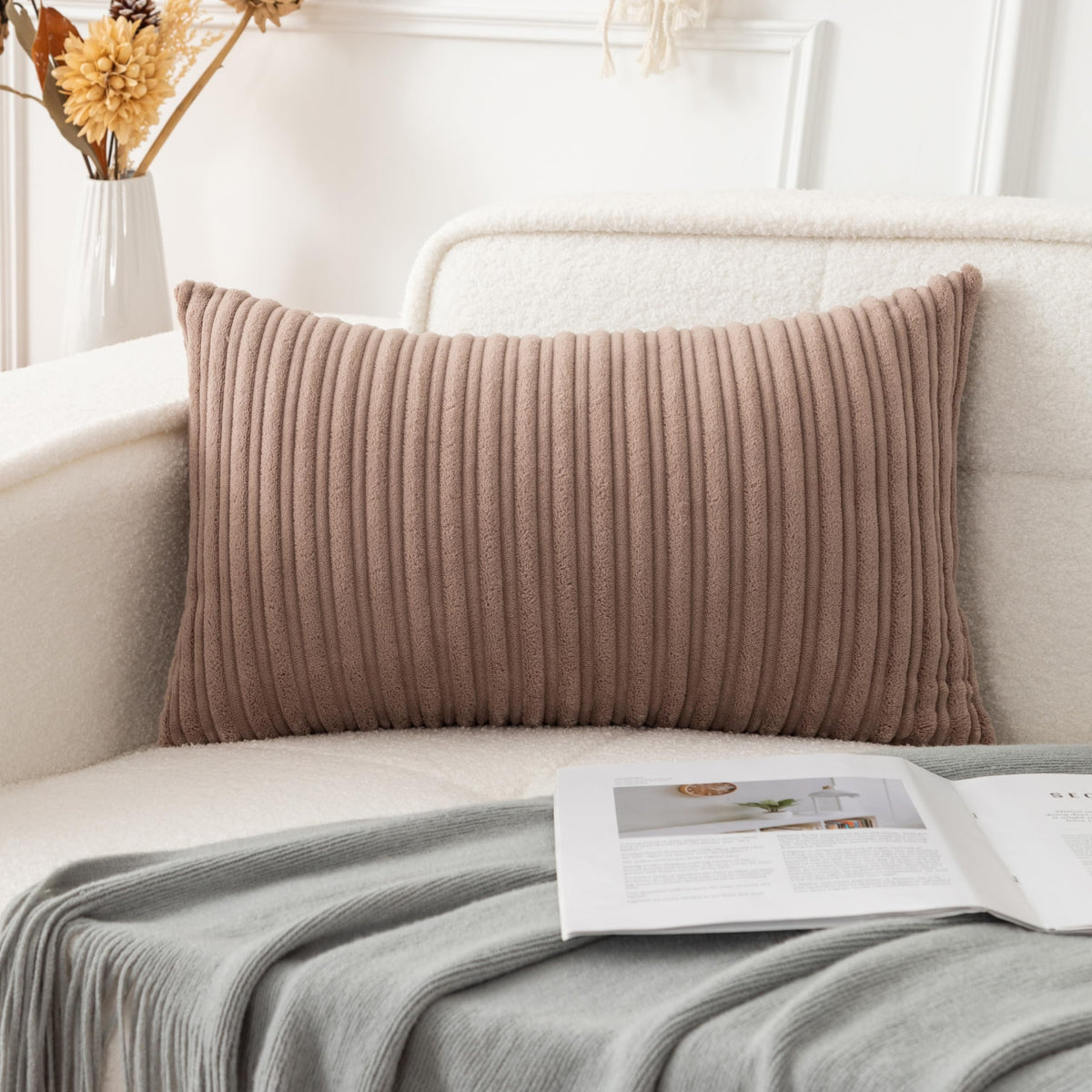 UGASA Velvet 12x20 Inch Lumbar Soft Throw Pillow Cover Boho Farmhouse Decorative Corduroy Striped Both Sides Solid Rectangular Cushion Case for Couch Bedroom Sofa Home, 1 Piece, Beige