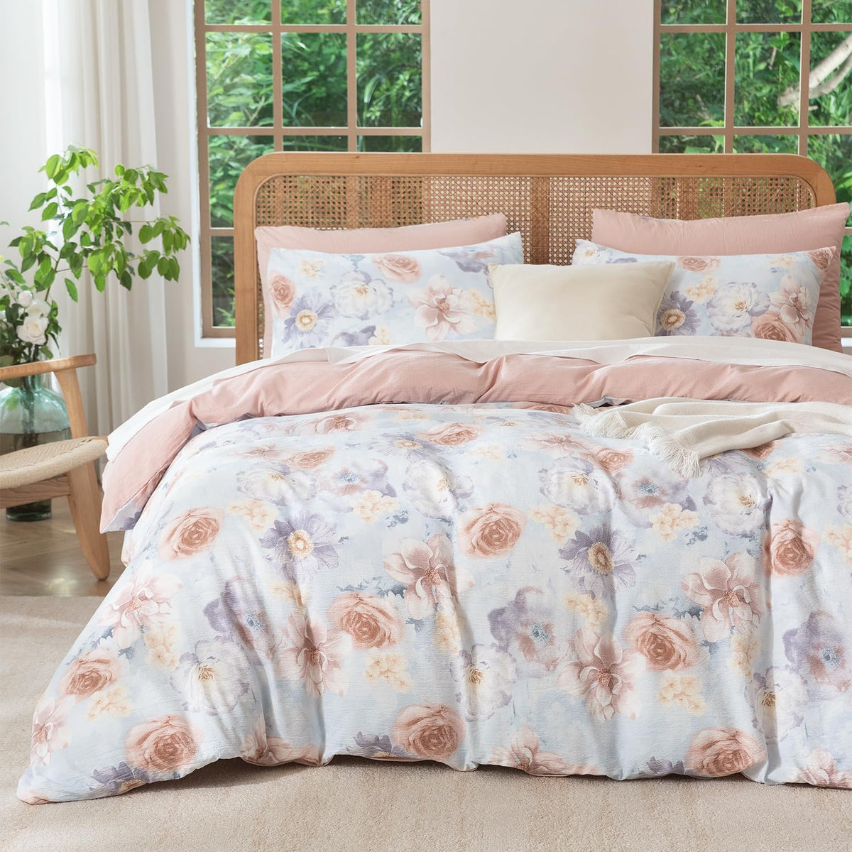 King Size Duvet Cover Set Floral Luxury Soft Brushed Microfiber Crinkle Gauze Fabric 3 Pieces Bedding Set Flower Pattern Duvet Cover King with Zipper Closure Breathable Comfy