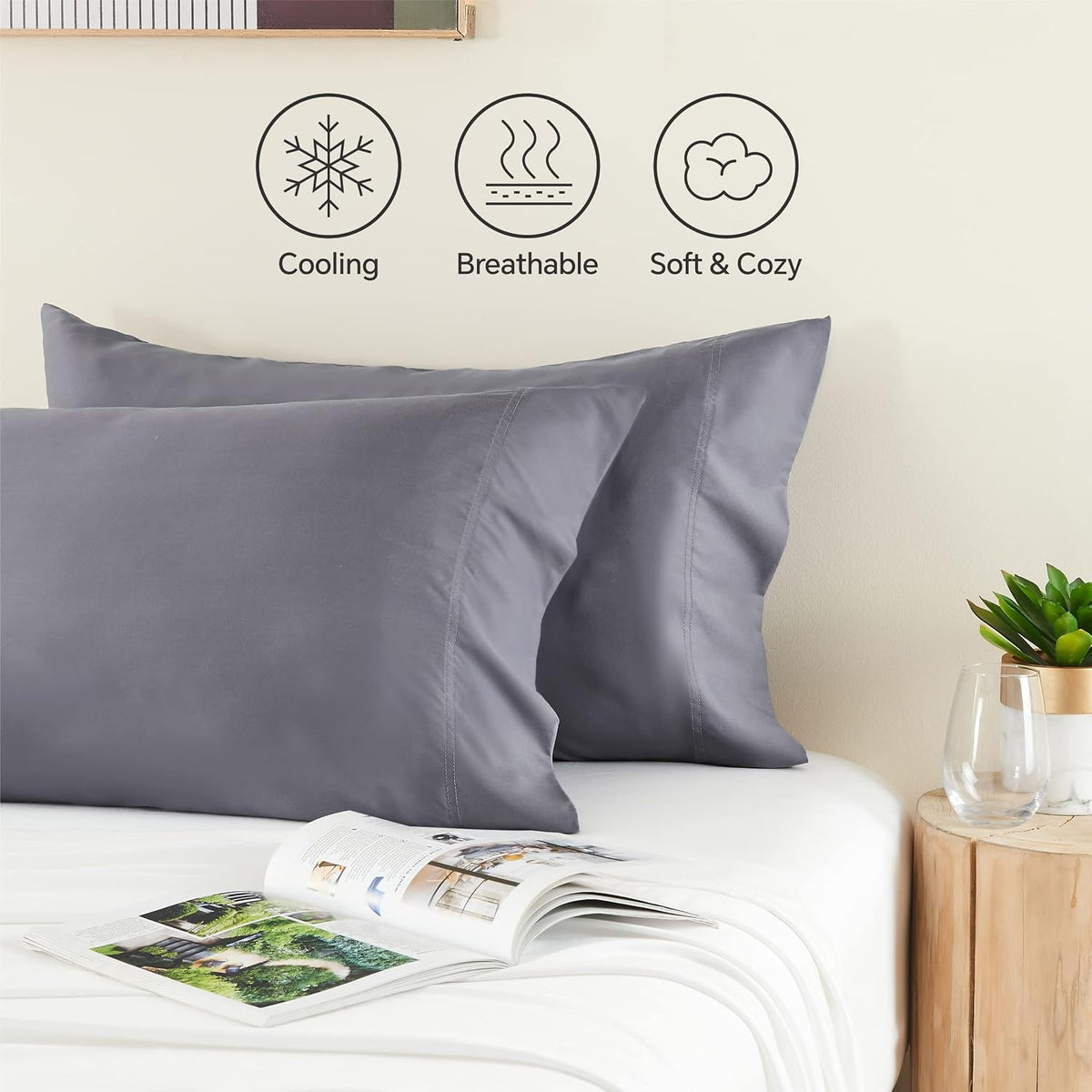 BEDELITE Cooling Pillow Cases Queen Size Set of 2, Rayon from Bamboo, Grey