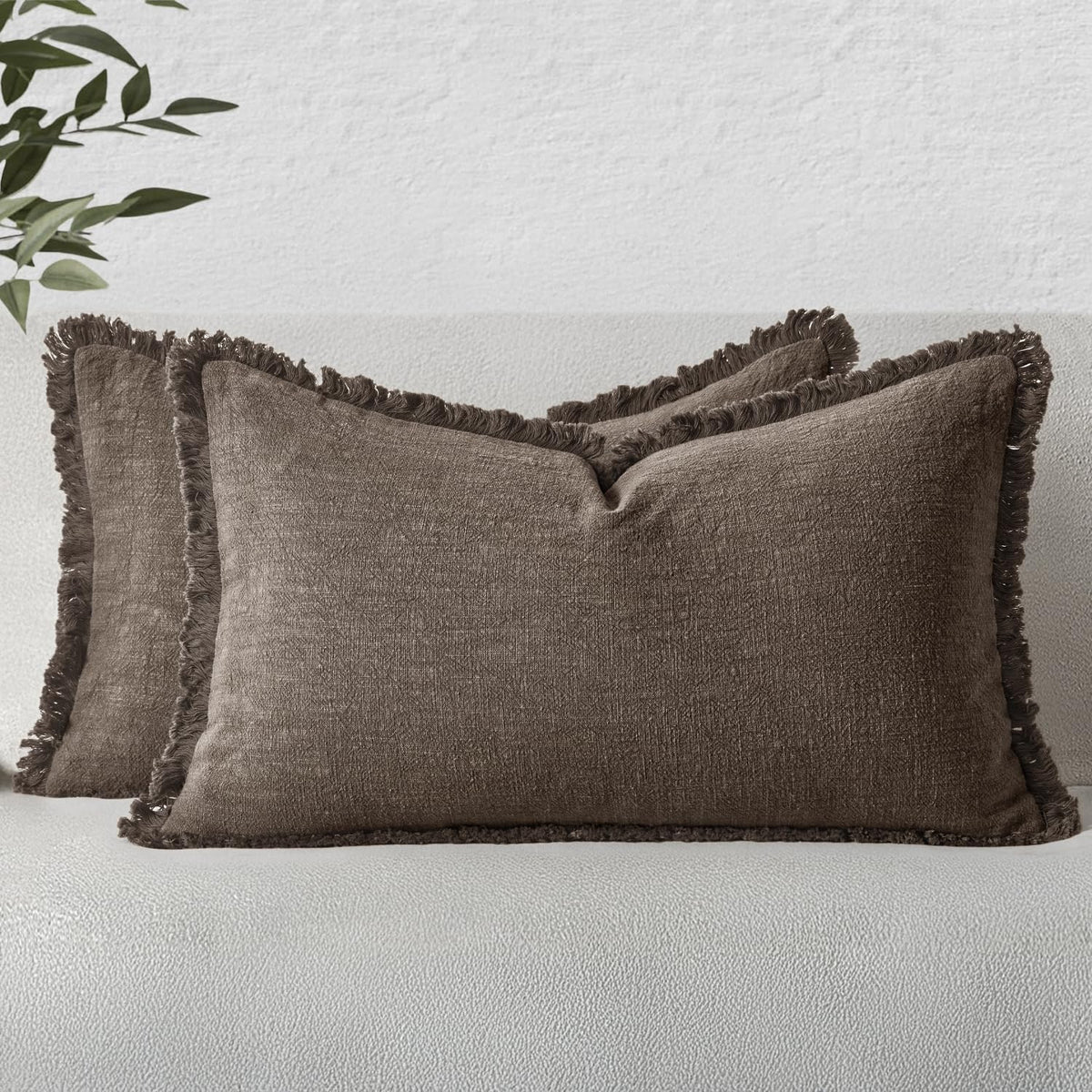 MIULEE Boho Linen Fringe Decorative Throw Pillow Covers Olive Green 20x20