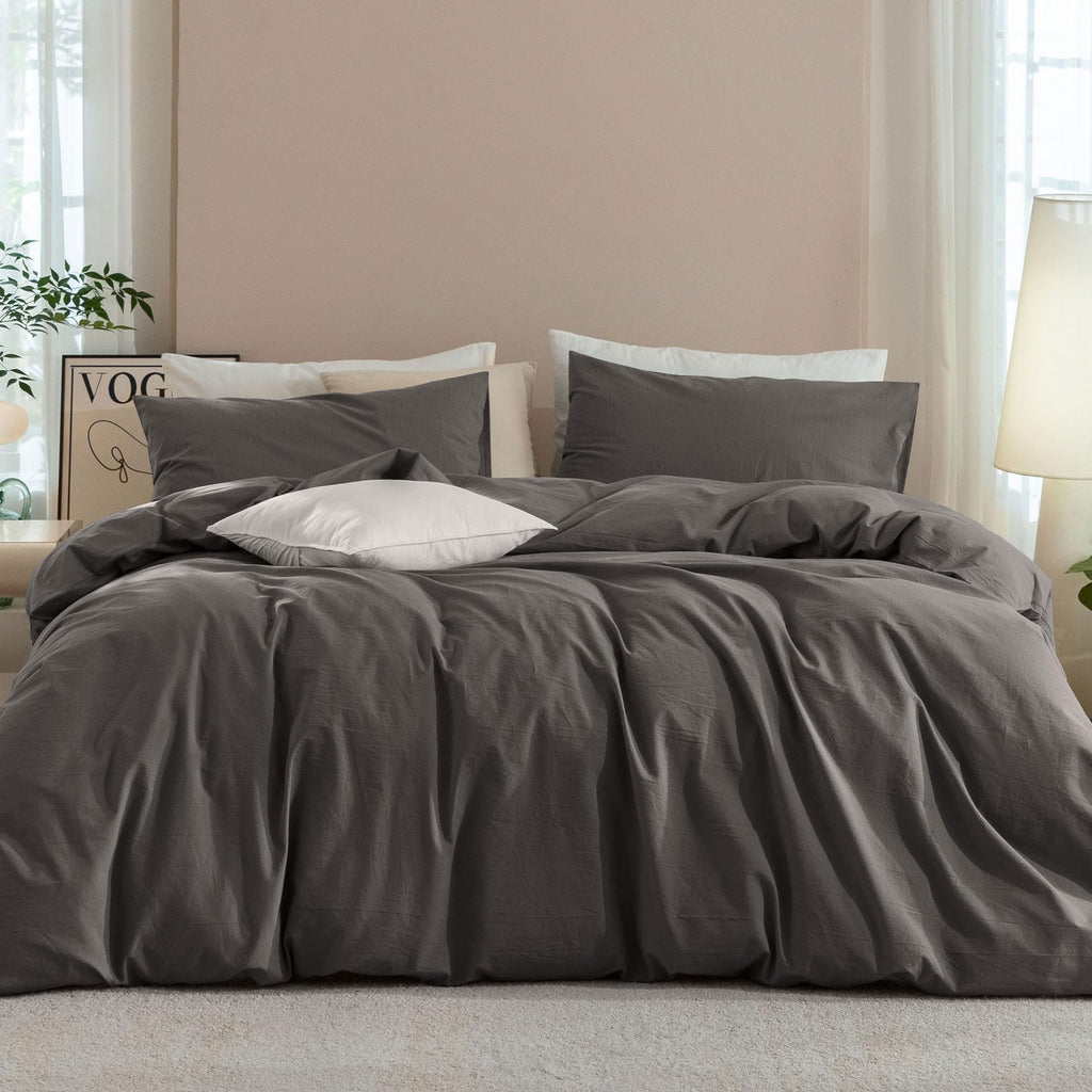JIYUAN Queen Washed Cotton Duvet Cover Set, 3-Piece, Relaxed Linen Feel