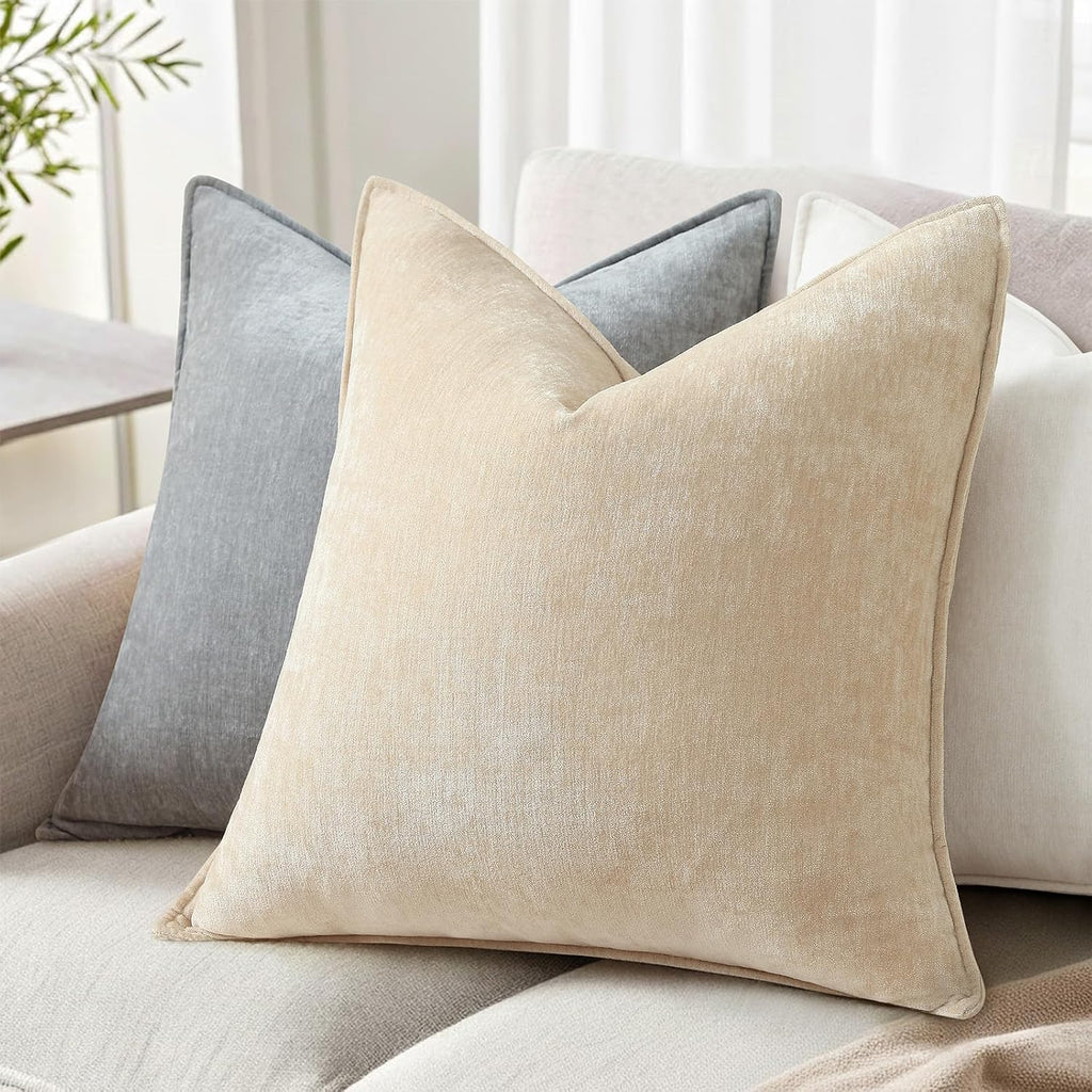 decorUhome Chenille Beige Velvet Throw Pillow Covers 20x20 Set of 2