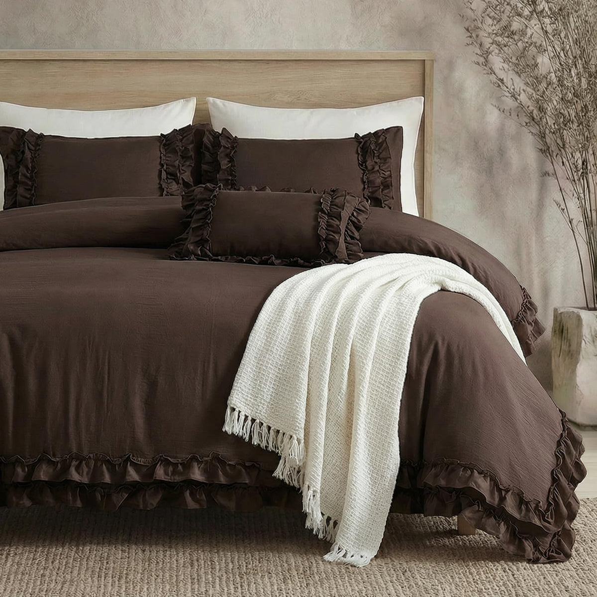 Bedorm Beige Duvet Cover Set Queen Ruffle Bedding Set Pleat Ruffled Shabby Chic Comforter Cover Extra Soft & Easy Care White Boho Duvet Cover with Zipper Closure