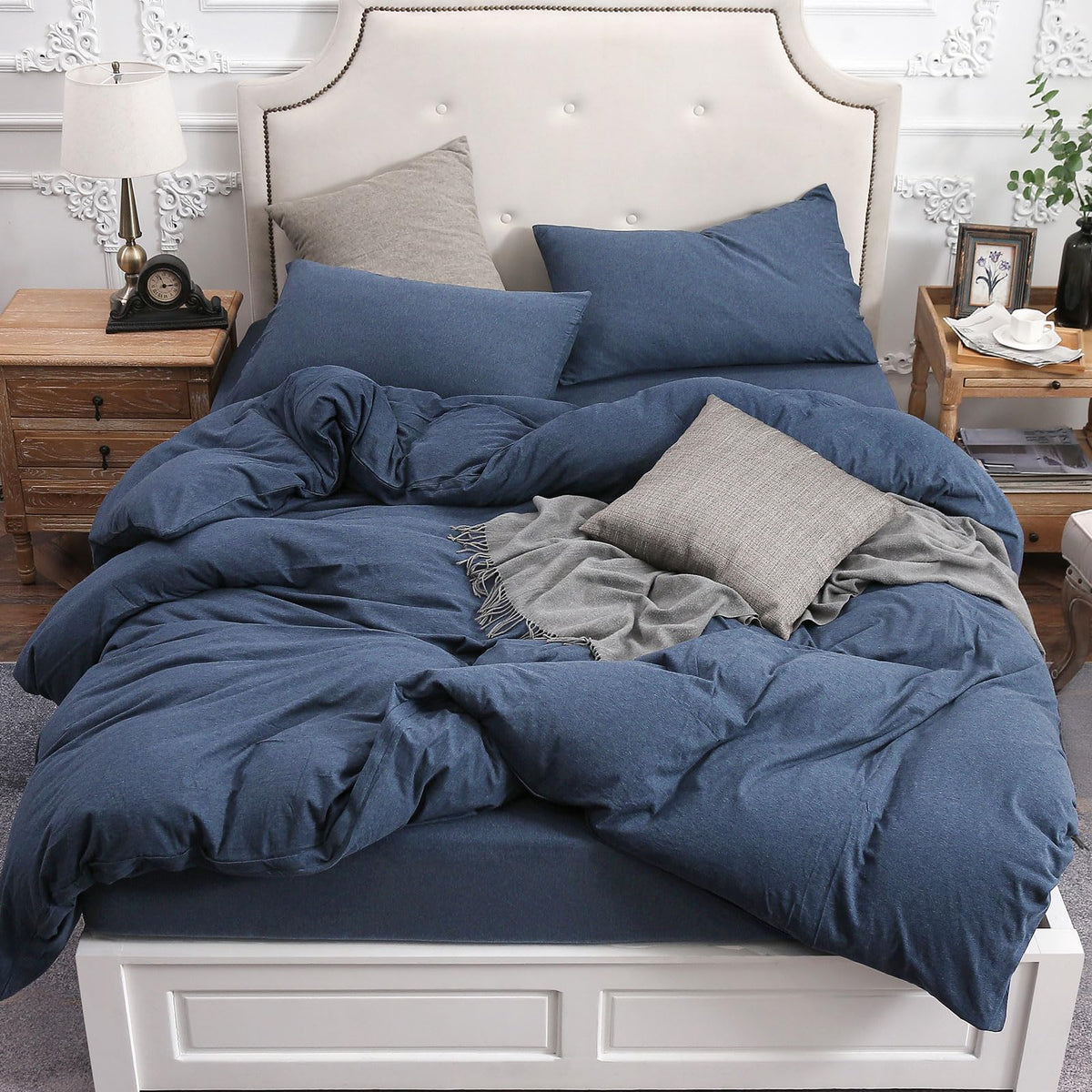 PURE ERA Jersey Knit Duvet Cover Set 100% T-Shirt Cotton Super Soft Comfy 3pc Bedding Set with Zipper Closure (Heather Beige, Queen)
