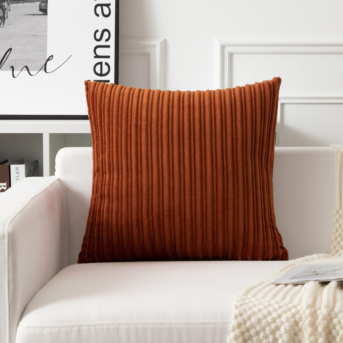UGASA Velvet 12x20 Inch Lumbar Soft Throw Pillow Cover Boho Farmhouse Decorative Corduroy Striped Both Sides Solid Rectangular Cushion Case for Couch Bedroom Sofa Home, 1 Piece, Beige