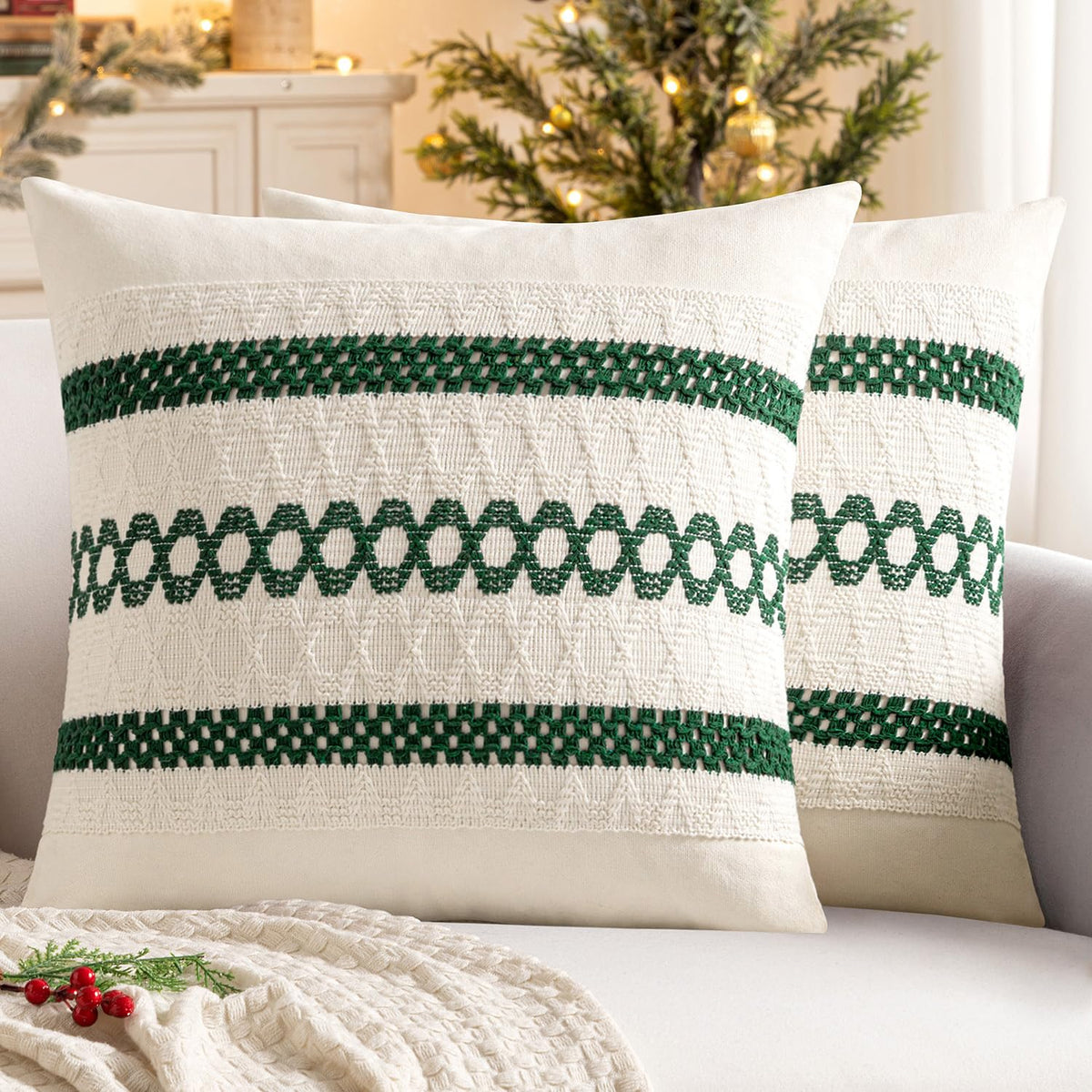 MIULEE Set of 2 Sage Green Boho Decorative Lumbar Pillow Covers 12x20 Inch