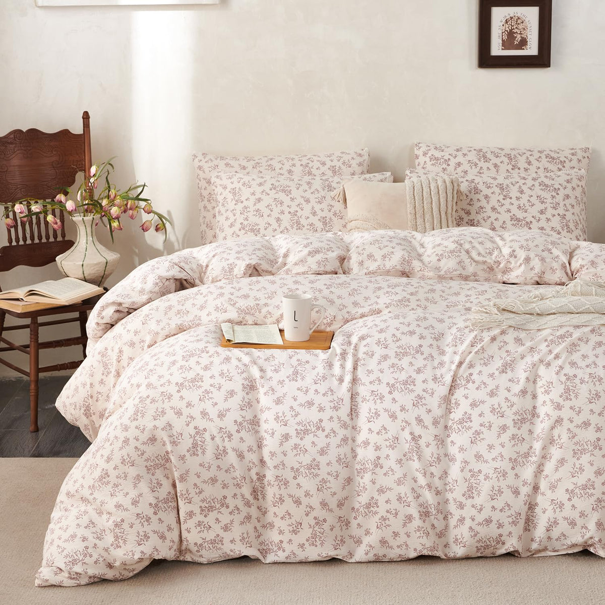 King Size Duvet Cover Set Floral Luxury Soft Brushed Microfiber Crinkle Gauze Fabric 3 Pieces Bedding Set Flower Pattern Duvet Cover King with Zipper Closure Breathable Comfy
