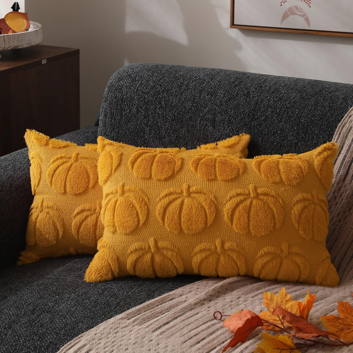 DFXSZ Fall Pillow Covers 18x18 2Pcs Beige Pumpkin Fall Decorations for Home