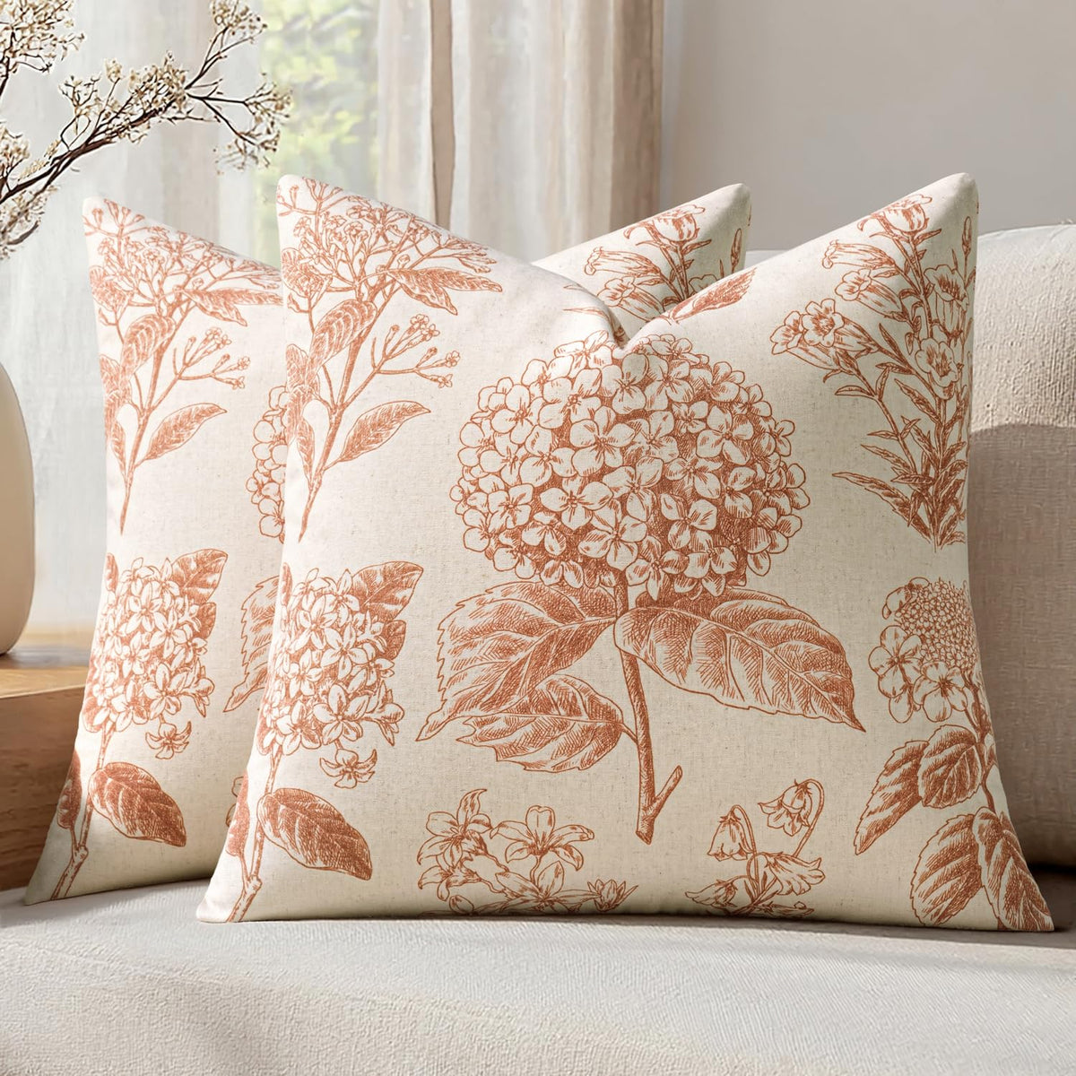 Set of 2 Decorative Floral Pillow Covers 18x18 Inch Light Brown