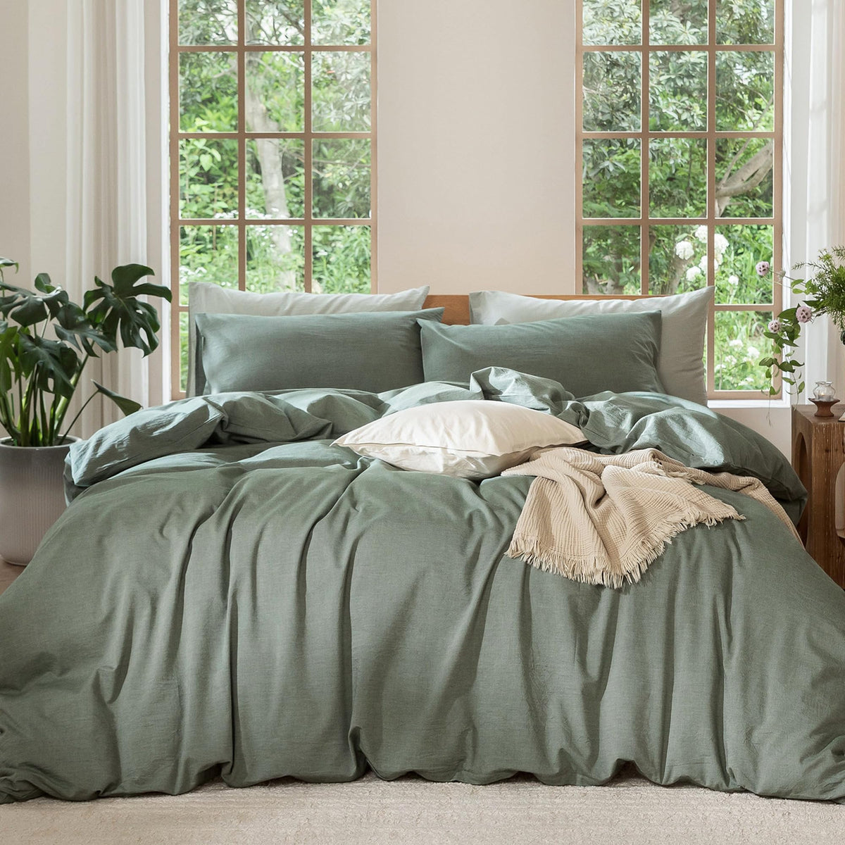 MooMee Duvet Cover Set 100% Washed Cotton Linen Like Queen