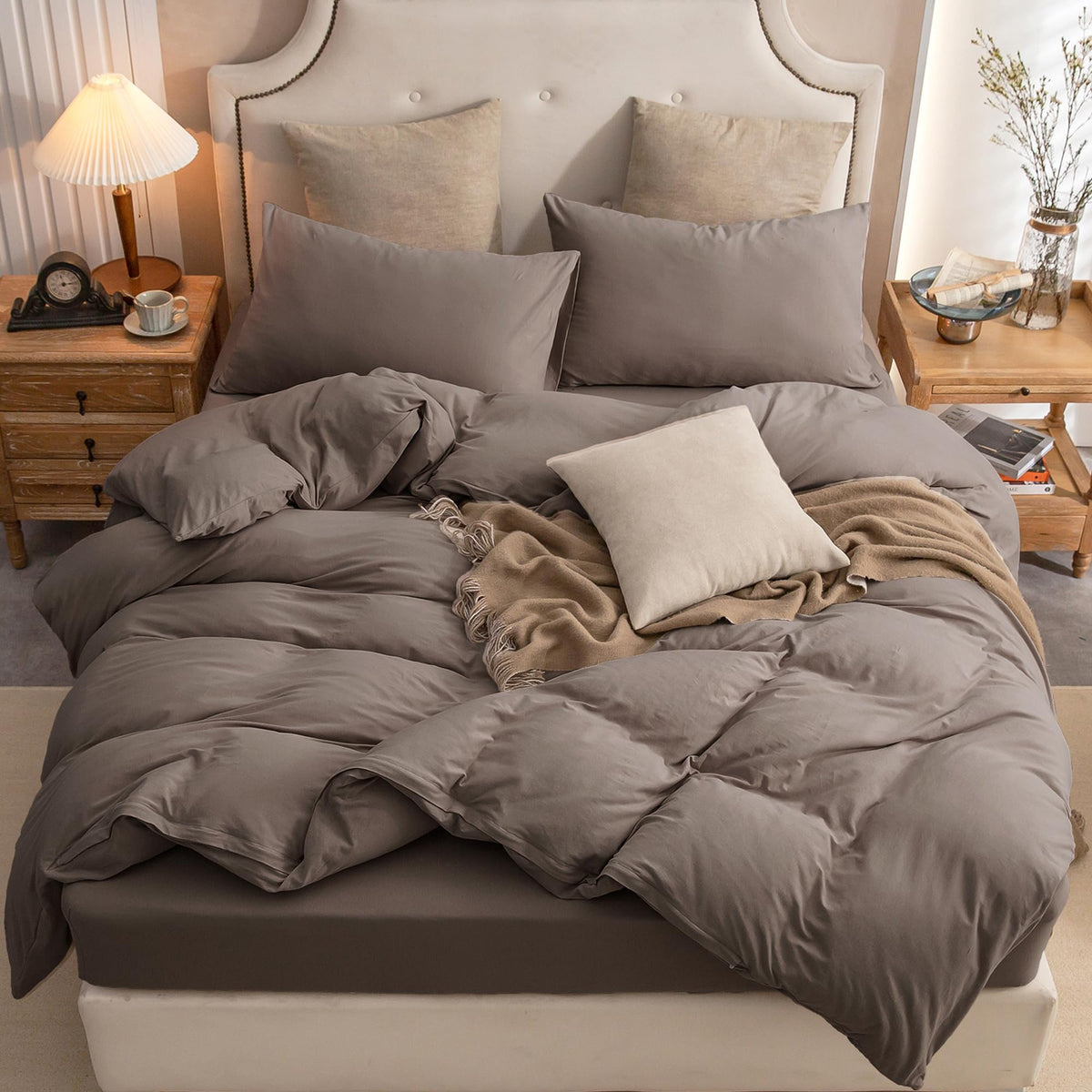 PURE ERA Jersey Knit Duvet Cover Set 100% T-Shirt Cotton Super Soft Comfy 3pc Bedding Set with Zipper Closure (Heather Beige, Queen)