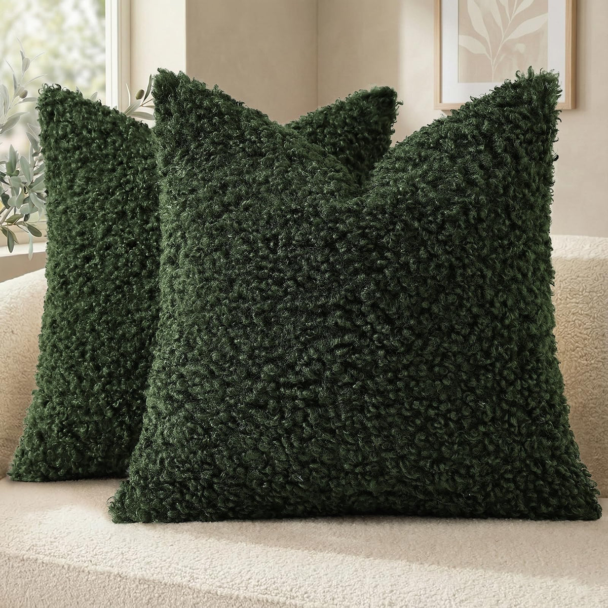 decorUhome Sherpa Throw Pillow Covers 18x18 Set of 2 Neutral Cream