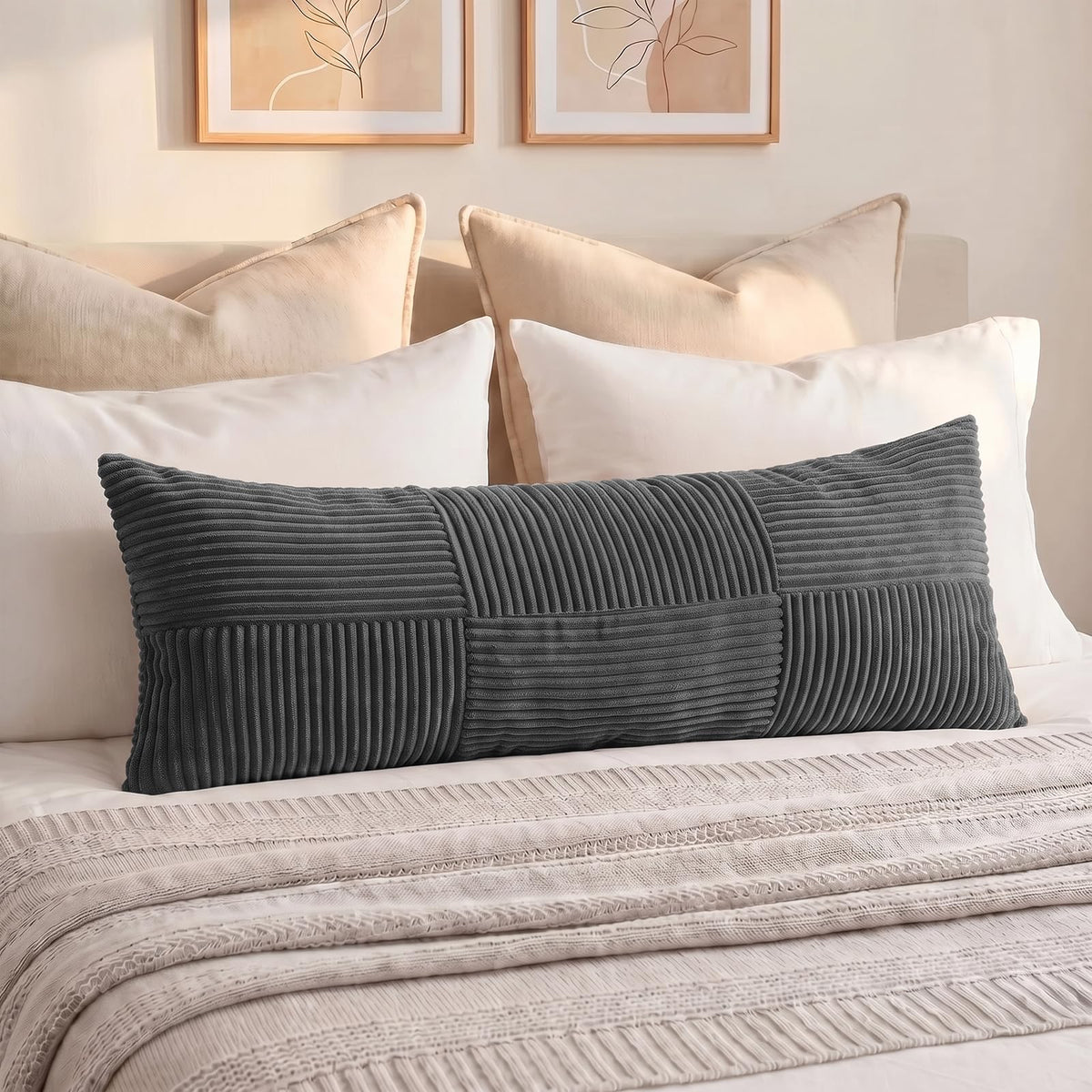 Fancy Homi Blush Pink Lumbar Decorative Throw Pillow Covers 12x20 Inch for Living Room Couch Bed, Rustic Farmhouse Boho Home Decor, Soft Striped Corduroy Rectangle Accent Cushion Case 30x50 cm