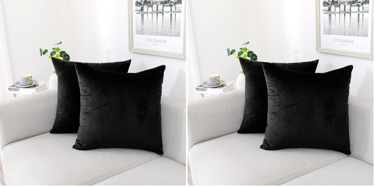 NiNi ALL Black Velvet Throw Pillow Covers 18x18 Pack of 2 Decorative Couch