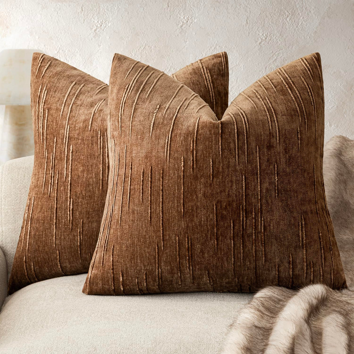 Foindtower Pack of 2 Slubby Textured Chenille Throw Decorative Pillow Covers Square Accent Solid Cushion Cover Soft Farmhouse Pillow Case for Couch Sofa Bedroom Living Room 20x20 Inch,Dark Olive Green