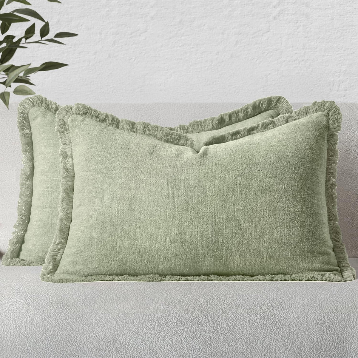 MIULEE Boho Linen Fringe Decorative Throw Pillow Covers Olive Green 20x20