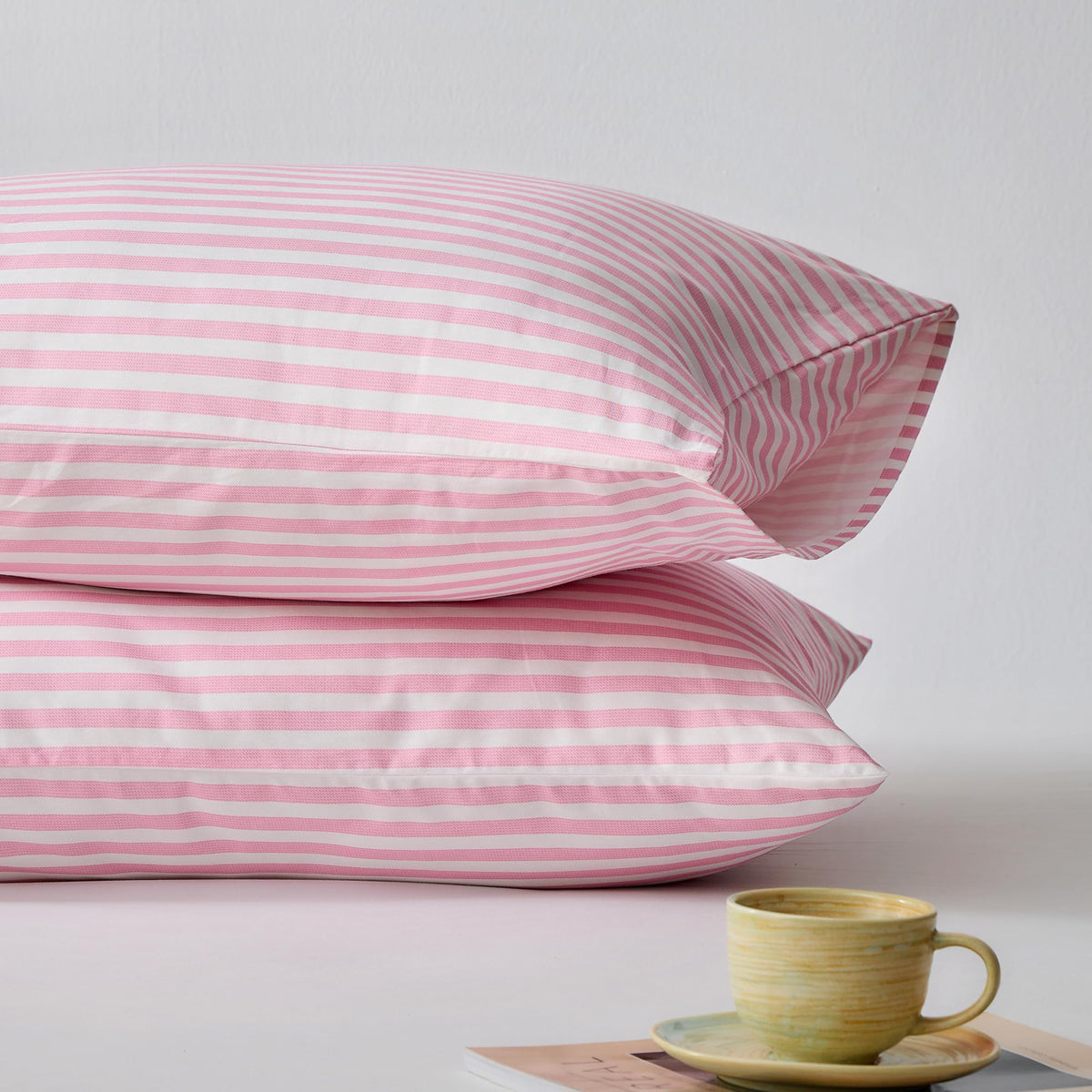 JELLYMONI Cotton Classic Striped Pillowcases Set of 2, Green, Queen