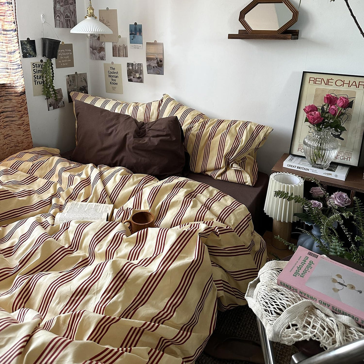 mixinni Retro Striped Duvet Cover Set King - 100% Natural Cotton 3-Piece Vintage Red Stripes Pattern Printed Bedding Set, Soft Breathable Comforter Cover with Zipper Closure & Corner Ties, King Size