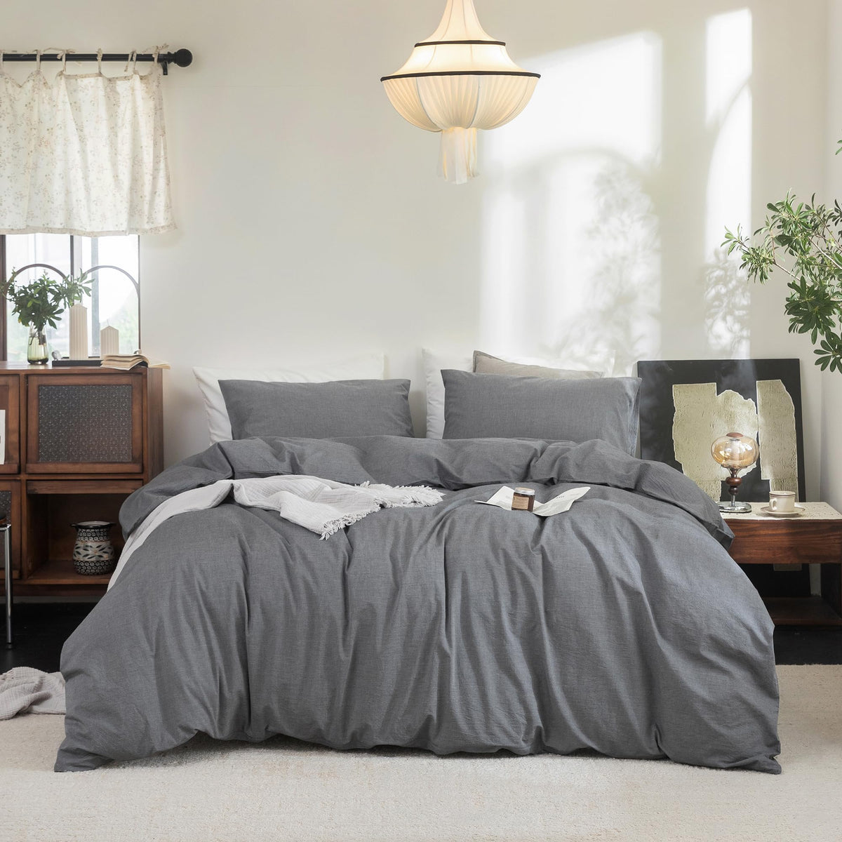 FOSSA Duvet Cover Set 100% Washed Cotton Linen Feel Queen