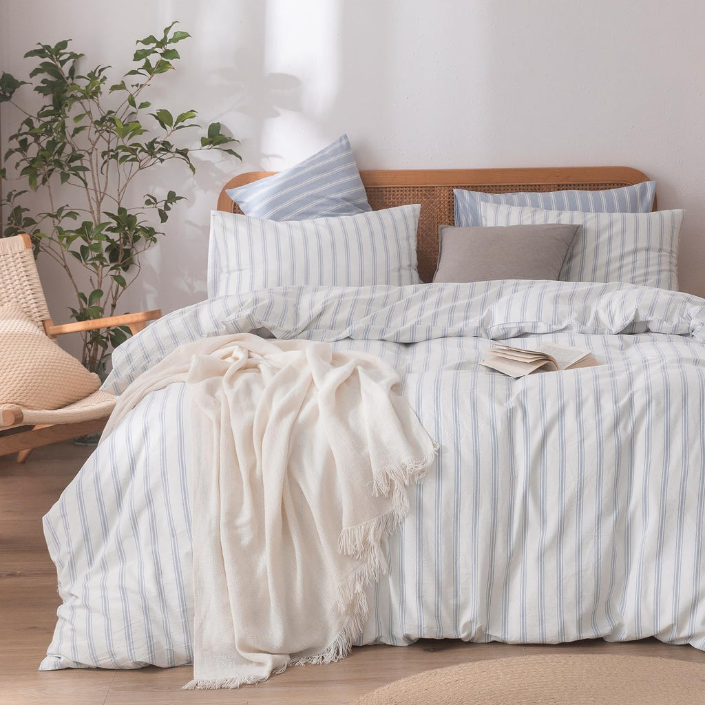 BESTOUCH Cotton Solid Duvet Cover Set Linen Feel Cornflower Blue King