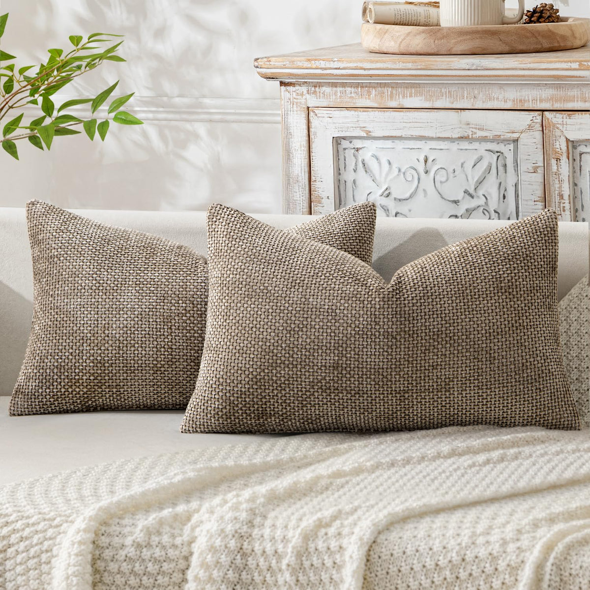 MIULEE Decorative Couch Throw Pillow Covers 18x18 Inch Neutral Beige 2 Pack