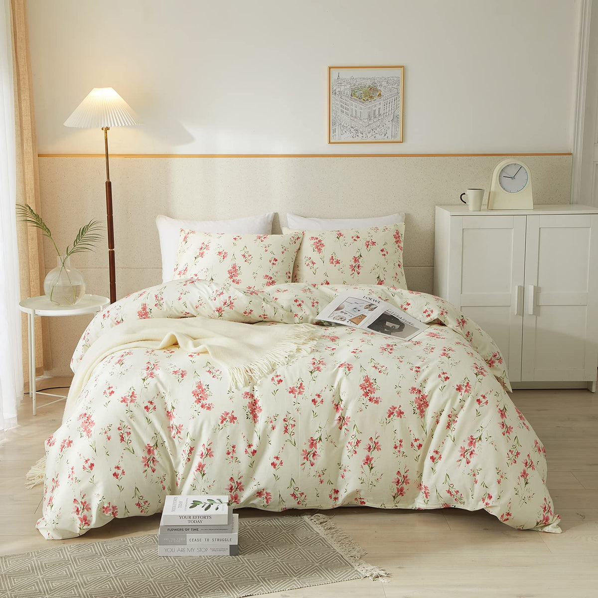 mixinni Reversible Sage Green Floral Duvet Cover Set Queen Size - 100% Cotton Cute Botanical Patterns Bedding Set with Ruffle Lace, 3PCs Beige Soft Aesthetic Cottagecore Style Duvet Cover for Girls