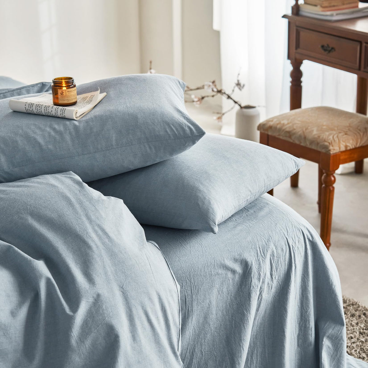 Wake In Cloud - Cotton Duvet Cover Set, 100% Washed Cotton, Linen Like Textured, Breathable Durable Comfy Farmhouse Neutral Bedding Set, 3 Pieces, Denim Blue, Queen Size