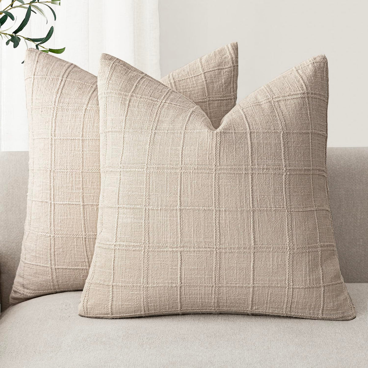 Foindtower Boho Linen Check Decorative Throw Pillow Cover 18×18 Olive Green