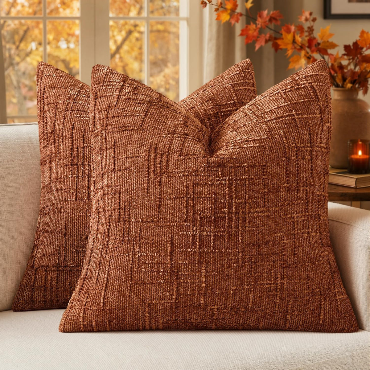 MIULEE Chenille Textured Throw Pillow Covers Cream White 20x20 Set of 2